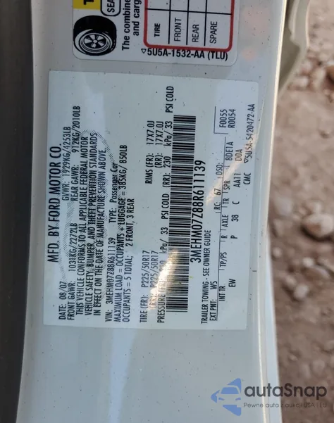 2008 Mercury Milan из США, поврежденный, VIN 3MEHM07Z88R611139